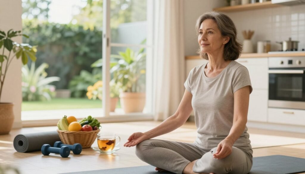 Natural Remedies for Perimenopause: What the Research Shows 3 A serene and uplifting image illustrating lifestyle changes for perimenopause, set in a bright, airy home environment. In the foreground, a middle-aged woman dressed in modest, casual clothing, is practicing yoga, radiating calm and focus. In the middle ground, a cozy kitchen scene features fresh fruits and vegetables, a herbal tea set, and fitness equipment like a yoga mat and dumbbells, symbolizing healthy eating and exercise. The background shows a lush garden visible through a window, enhancing the feeling of wellness and connection to nature. Soft, natural lighting floods the scene, creating a warm and inviting atmosphere. Capture this moment with a shallow depth of field, emphasizing the woman and her activities. Overall, the image should reflect empowerment and nurture the concept of natural remedies for wellness. Vidah Plena | Women's Health.