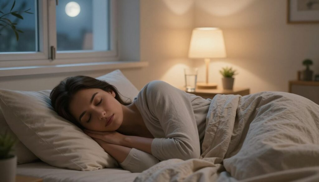 A serene bedroom scene capturing the essence of sleep and PMDD. In the foreground, a realistic woman rests peacefully on her side, dressed in modest, comfortable sleep attire, surrounded by soft pillows and a cozy blanket. Her expression reflects tranquility and restful sleep. The middle ground features a softly lit nightstand with a calming lamp casting warm light, a glass of water, and a small potted plant symbolizing wellness. In the background, a window reveals a gentle night sky, with a hint of the moon’s glow filtering in, creating a soothing atmosphere. The image has a soft focus to enhance the calming ambiance, embodying the theme of restorative sleep in the context of PMDD. Vidah Plena | women's health styled.