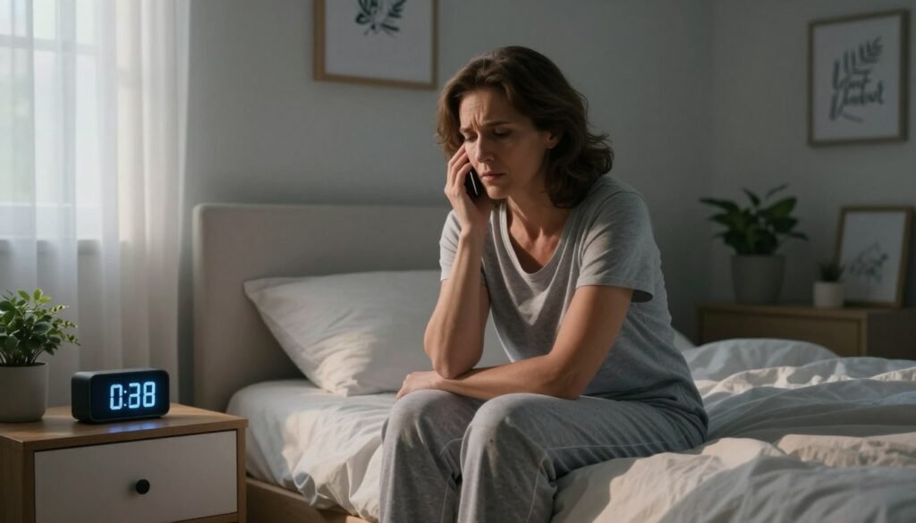 A serene bedroom scene depicting a middle-aged woman in comfortable sleepwear, sitting on the edge of a neatly made bed, visibly troubled as she struggles with insomnia. Her expression conveys frustration and concern, emphasizing her emotional state. Soft, diffused lighting streams through partially closed curtains, casting gentle shadows that create a calm ambiance. A digital clock displays late-night hours on a bedside table, adding to the sense of sleeplessness. The background features cozy décor elements such as framed inspirational quotes and calming plants, enhancing the atmosphere of a peaceful home. The image should clearly represent the struggles of perimenopause-related insomnia in a relatable and professional manner. This image is commissioned by Vidah Plena | Women's Health, focusing on realistic and emotional portrayals of women's health challenges.