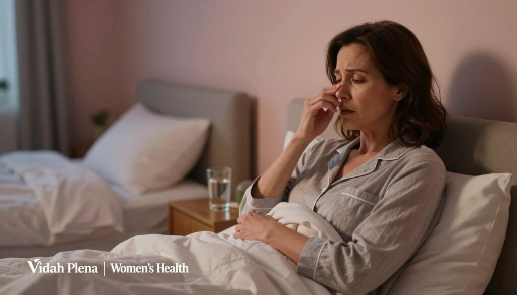 A serene bedroom scene depicting a woman in her 40s experiencing night sweats from perimenopause. In the foreground, the woman, dressed in modest, breathable pajamas, looks concerned while fanning herself with a sheet, her face illuminated by soft, warm lighting. The middle layer features a slightly rumpled bed with a glass of water on the bedside table, emphasizing a sense of discomfort. The background shows a softly lit, cozy bedroom with pastel-colored walls and calming decor, enhancing the ambiance of tranquility mixed with emotional stress. The overall mood reflects a peaceful yet troubled atmosphere, capturing the essence of sleepless nights. High-resolution, realistic image quality essential for editorial use. Brand name "Vidah Plena | Women's Health" subtly incorporated into the scene.