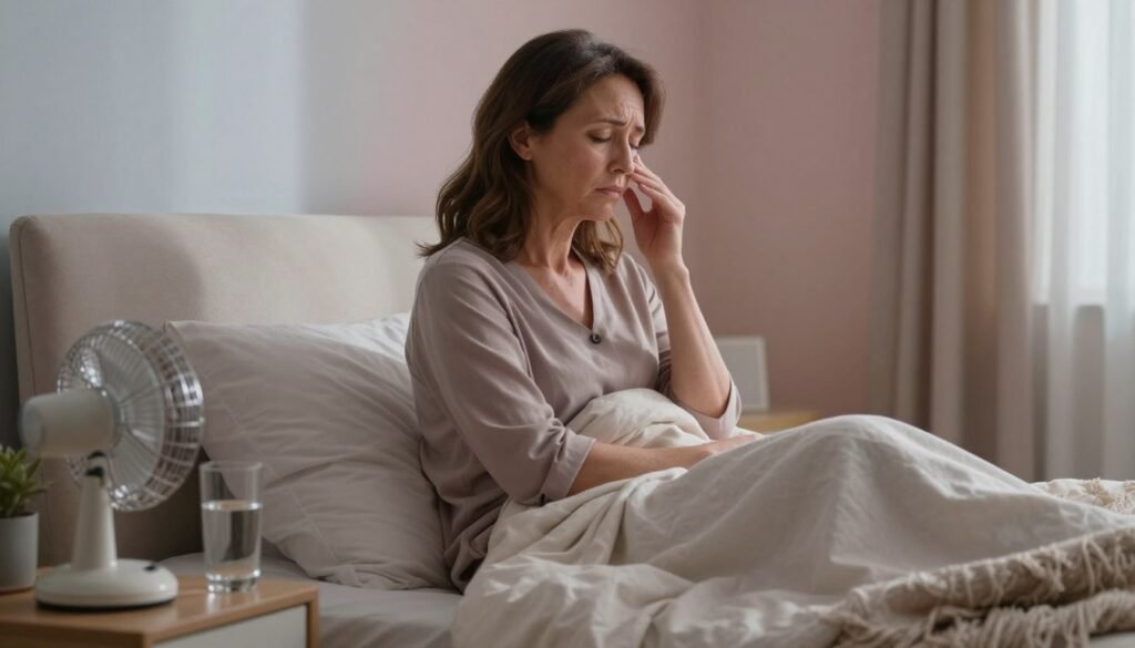 A serene bedroom scene featuring a middle-aged woman experiencing night sweats and hot flashes, dressed in modest, comfortable sleepwear. She sits on the edge of her neatly made bed, looking contemplative and peaceful as she holds a light blanket. Soft, ambient light filters through soft curtains, illuminating her face, creating a warm, inviting atmosphere. In the foreground, a bedside table showcases a glass of water and a small fan, symbolizing comfort and relief. The background includes calming pastel-colored walls and a cozy rug, enhancing the emotional environment. The composition encourages a sense of tranquility and resilience, focusing on the theme of improving sleep during challenging times. Capture this moment with a soft-focus lens to emphasize a premium quality, realistic portrayal, reflecting the essence of women's health. Vidah Plena | Women's Health.