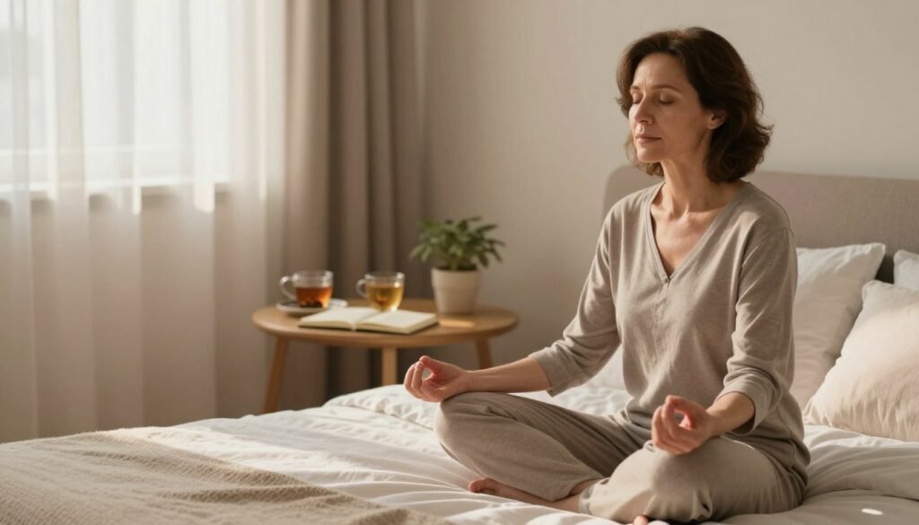 Perimenopause Mood Swings: Why They Happen and How to Cope 2 A serene bedroom scene focused on a middle-aged woman practicing sleep strategies during menopause. In the foreground, the woman is peacefully meditating on a comfortable, neatly made bed adorned with soft, calming colors and textures. The middle section features a bedside table with herbal tea and a journal, symbolizing mindfulness and self-reflection. In the background, warm natural light filters through sheer curtains, highlighting a tranquil atmosphere. Soft shadows create depth and warmth, enhancing the emotional balance theme. The woman is dressed in modest, comfortable loungewear, exuding professionalism and relaxation. The overall mood is calm and empowering, promoting healthy sleep strategies during menopause. Editorial women's health photos, realistic, professional quality. Vidah Plena | Women's Health.