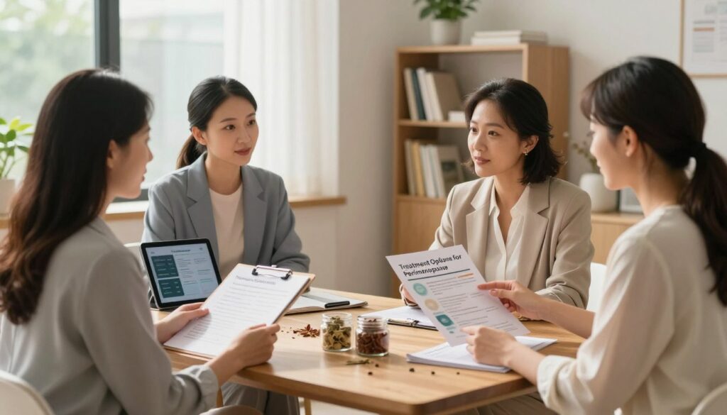 A serene, bright consultation room with soft natural lighting streaming through large windows. In the foreground, a diverse group of three women dressed in professional business attire are engaged in a discussion about perimenopause treatment options. One woman is holding a clipboard, while another is pointing to a pamphlet labeled "Treatment Options for Perimenopause". In the middle, a wooden table is adorned with health brochures, herbal remedies, and a digital tablet showing health stats. In the background, a soft-focus bookshelf filled with medical books and calming plants enhances the atmosphere of wellness and professionalism. The mood is encouraging and informative, reflecting a holistic approach to women's health. The image should have a premium medical magazine style. Vidah Plena | women's health. A serene, bright consultation room with soft natural lighting streaming through large windows. In the foreground, a diverse group of three women dressed in professional business attire are engaged in a discussion about perimenopause treatment options. One woman is holding a clipboard, while another is pointing to a pamphlet labeled "Treatment Options for Perimenopause". In the middle, a wooden table is adorned with health brochures, herbal remedies, and a digital tablet showing health stats. In the background, a soft-focus bookshelf filled with medical books and calming plants enhances the atmosphere of wellness and professionalism. The mood is encouraging and informative, reflecting a holistic approach to women's health. The image should have a premium medical magazine style. Vidah Plena | women's health.