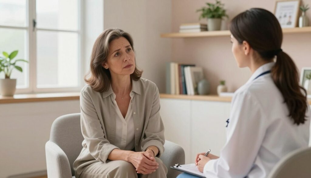 A serene consultation scene in a modern, well-lit medical office reflecting women's health. In the foreground, a middle-aged woman in her 40s, dressed in a professional outfit, sits across from a compassionate female healthcare provider, both engaged in a thoughtful discussion about PMDD treatment options. The woman appears reflective, with a mix of hope and concern. In the background, soft pastel colors and natural light flow through a large window, creating a warm and inviting atmosphere. Shelves with health books and plants enhance the professional decor. The mood is supportive and informative, capturing the essence of thoughtful care and understanding. High-quality, realistic photography style. Vidah Plena | Women's Health. A serene consultation scene in a modern, well-lit medical office reflecting women's health. In the foreground, a middle-aged woman in her 40s, dressed in a professional outfit, sits across from a compassionate female healthcare provider, both engaged in a thoughtful discussion about PMDD treatment options. The woman appears reflective, with a mix of hope and concern. In the background, soft pastel colors and natural light flow through a large window, creating a warm and inviting atmosphere. Shelves with health books and plants enhance the professional decor. The mood is supportive and informative, capturing the essence of thoughtful care and understanding. High-quality, realistic photography style. Vidah Plena | Women's Health.