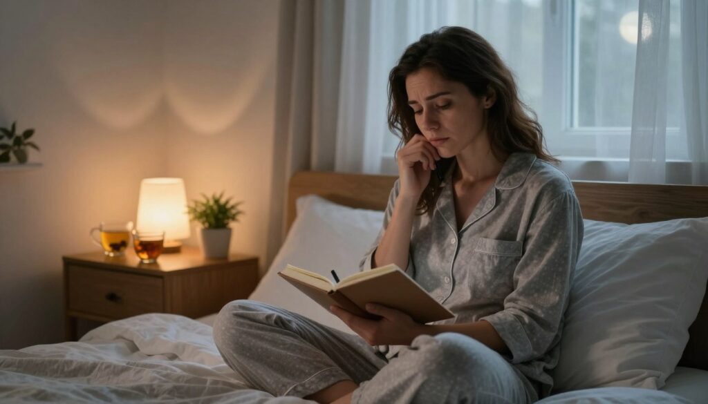 PMDD Insomnia: Sleep Problems Before Your Period Explained 4 A serene, cozy bedroom scene capturing the essence of PMDD insomnia and sleep issues. In the foreground, a woman in modest, comfortable pajamas sits on a neatly made bed, gently cradling a journal and pen, reflecting her emotions and strategies for better sleep. Her expression reveals a sense of contemplation and hope. In the middle ground, a bedside table adorned with herbal teas, a calming lamp emitting soft, warm light, and a small plant, emphasizing a nurturing environment. The background features a softly lit window with sheer curtains, allowing moonlight to gently spill into the room, enhancing the peaceful atmosphere. Overall, the image conveys a mood of tranquility and resilience, reflecting the theme of wellness. Vidah Plena | Women's Health, editorial women's health photo, realistic, premium quality.