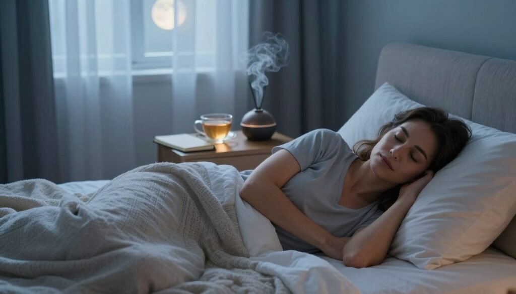 A serene, cozy bedroom scene illustrating sleep quality optimization during menopause. In the foreground, a woman in modest, comfortable sleepwear is peacefully resting on a plush bed adorned with soft pillows and a warm blanket, evoking a sense of tranquility. The middle ground features a bedside table with a calming herbal tea, a journal, and a small essential oil diffuser emitting gentle wisps of vapor. In the background, softly lit windows draped with light, sheer curtains allow natural moonlight to filter in, creating a soothing ambiance. The color palette includes calming blues and gentle whites, enhancing feelings of relaxation. The atmosphere conveys warmth and serenity, emphasizing restful sleep and well-being. The image is of premium quality and realistic, capturing the essence of women’s health for "Vidah Plena | Women's Health." A serene, cozy bedroom scene illustrating sleep quality optimization during menopause. In the foreground, a woman in modest, comfortable sleepwear is peacefully resting on a plush bed adorned with soft pillows and a warm blanket, evoking a sense of tranquility. The middle ground features a bedside table with a calming herbal tea, a journal, and a small essential oil diffuser emitting gentle wisps of vapor. In the background, softly lit windows draped with light, sheer curtains allow natural moonlight to filter in, creating a soothing ambiance. The color palette includes calming blues and gentle whites, enhancing feelings of relaxation. The atmosphere conveys warmth and serenity, emphasizing restful sleep and well-being. The image is of premium quality and realistic, capturing the essence of women’s health for "Vidah Plena | Women's Health."