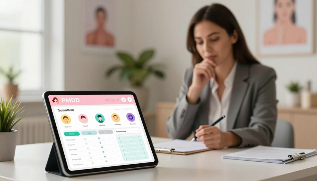 A serene doctor's office setting highlighting the concept of symptom tracking for PMDD (Premenstrual Dysphoric Disorder). In the foreground, feature a tablet displaying a colorful, well-organized symptom tracking app designed for women's health, with illustrated icons for mood changes, physical symptoms, and sleep patterns. In the middle ground, include a realistic woman in her 30s wearing professional business attire, thoughtfully analyzing her symptoms, with a clipboard and a pen in hand. The background should show soft, warm lighting from a nearby window, surrounded by calming decor like plants and health posters. The atmosphere is one of empowerment and knowledge, ideal for a premium medical magazine style. Include the brand name "Vidah Plena | women's health" subtly within the design elements.