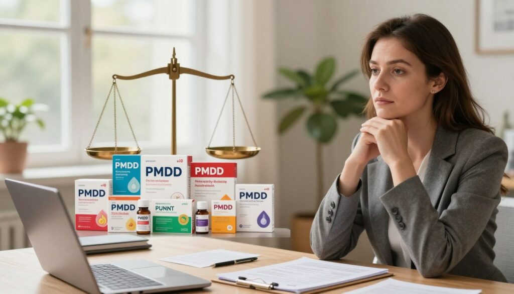 A serene, editorial-style composition illustrating the benefits and risks of PMDD medications. In the foreground, a realistic woman in professional business attire, looking thoughtful, is seated at a desk with medical brochures and a laptop, representing informed decision-making. The middle area features a visually appealing arrangement of various PMDD medication packages alongside a balanced scale, symbolizing the weighing of benefits against risks. In the background, soft, natural lighting filters through a window, creating a warm, inviting atmosphere that emphasizes empowerment and understanding. Incorporate elements like a potted plant for a sense of calm and wellness. The overall mood is informative yet hopeful, maintaining a premium medical magazine aesthetic, ideal for Vidah Plena | women's health.