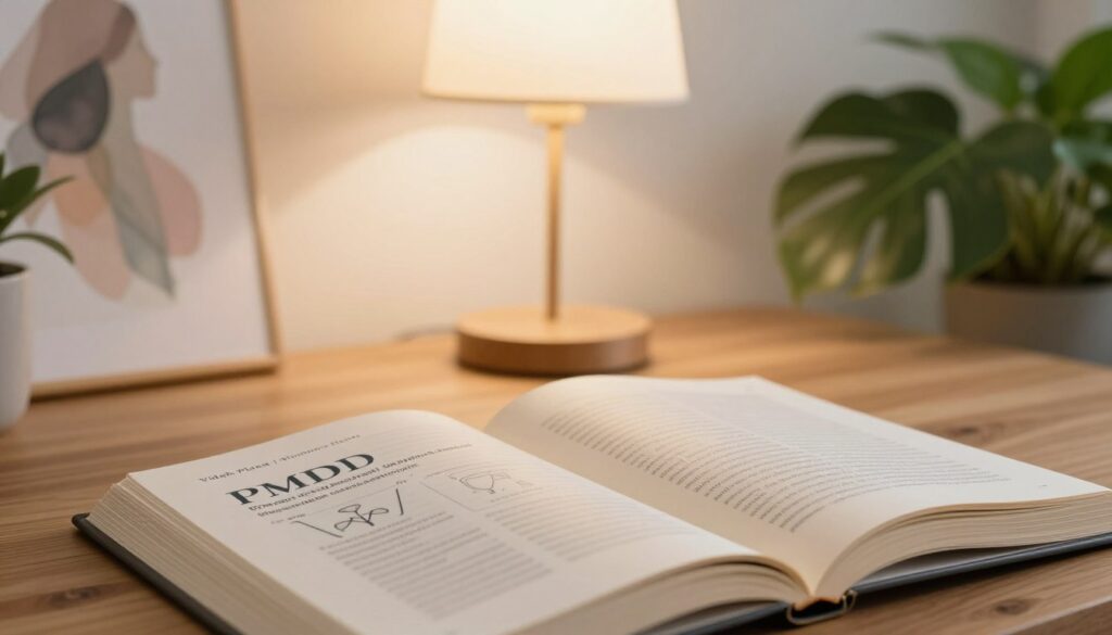 A serene editorial-style image depicting a definition of PMDD (Premenstrual Dysphoric Disorder) in a women’s health context. In the foreground, an open book lays on a wooden table, its pages subtly showing a sophisticated, inviting layout with diagrams and definitions. In the middle, a softly diffused lamp illuminates the scene, casting a warm glow across the pages. In the background, a calm, minimalist setting is visible featuring leafy green plants and a gentle watercolor artwork emphasizing women's health. The mood is contemplative and supportive. Use soft, natural lighting to enhance the emotional connection. The overall quality should be realistic, professional, and premium, in alignment with the brand "Vidah Plena | Women's Health". A serene editorial-style image depicting a definition of PMDD (Premenstrual Dysphoric Disorder) in a women’s health context. In the foreground, an open book lays on a wooden table, its pages subtly showing a sophisticated, inviting layout with diagrams and definitions. In the middle, a softly diffused lamp illuminates the scene, casting a warm glow across the pages. In the background, a calm, minimalist setting is visible featuring leafy green plants and a gentle watercolor artwork emphasizing women's health. The mood is contemplative and supportive. Use soft, natural lighting to enhance the emotional connection. The overall quality should be realistic, professional, and premium, in alignment with the brand "Vidah Plena | Women's Health".