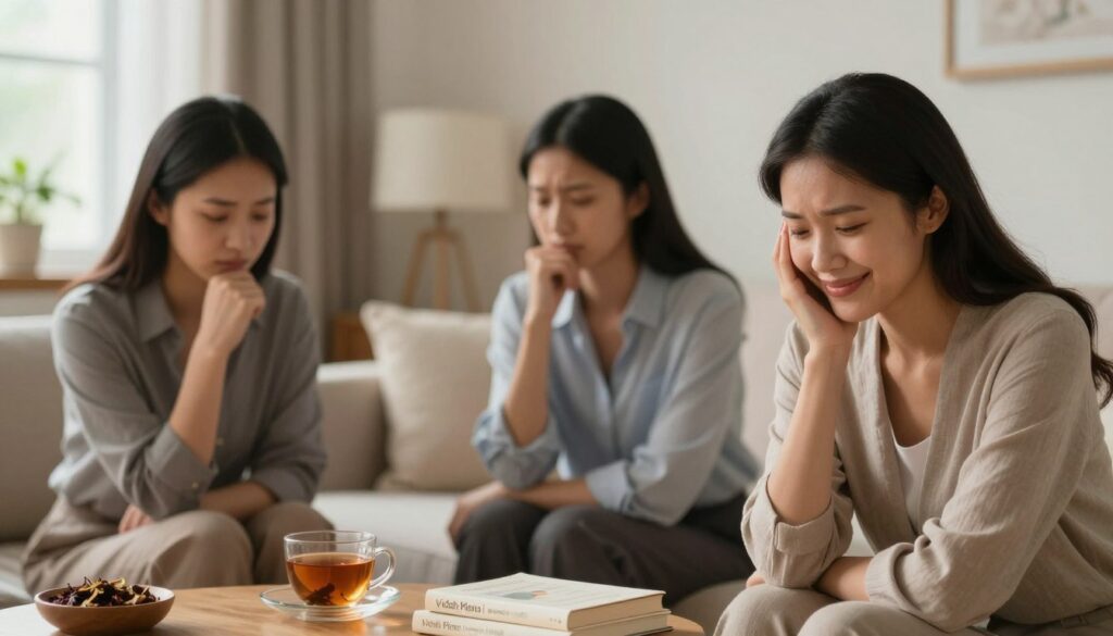A serene, editorial-style image illustrating "menstrual mood symptoms" for a women's health article. In the foreground, a diverse group of three women, dressed in professional attire, reflect different emotional expressions related to PMDD. One woman appears contemplative, another looks anxious, and the third shows signs of relief with a warm smile. In the middle ground, a softly blurred scene with gentle lighting highlights calming elements like herbal teas and wellness books on a coffee table. The background features a cozy room with soft, warm colors and natural light filtering through a window, creating a tranquil atmosphere. The overall mood is one of introspection and self-care. The brand name "Vidah Plena | women's health" is subtly implied through the setting and props, enhancing the focus on women's emotional health. A serene, editorial-style image illustrating "menstrual mood symptoms" for a women's health article. In the foreground, a diverse group of three women, dressed in professional attire, reflect different emotional expressions related to PMDD. One woman appears contemplative, another looks anxious, and the third shows signs of relief with a warm smile. In the middle ground, a softly blurred scene with gentle lighting highlights calming elements like herbal teas and wellness books on a coffee table. The background features a cozy room with soft, warm colors and natural light filtering through a window, creating a tranquil atmosphere. The overall mood is one of introspection and self-care. The brand name "Vidah Plena | women's health" is subtly implied through the setting and props, enhancing the focus on women's emotional health.