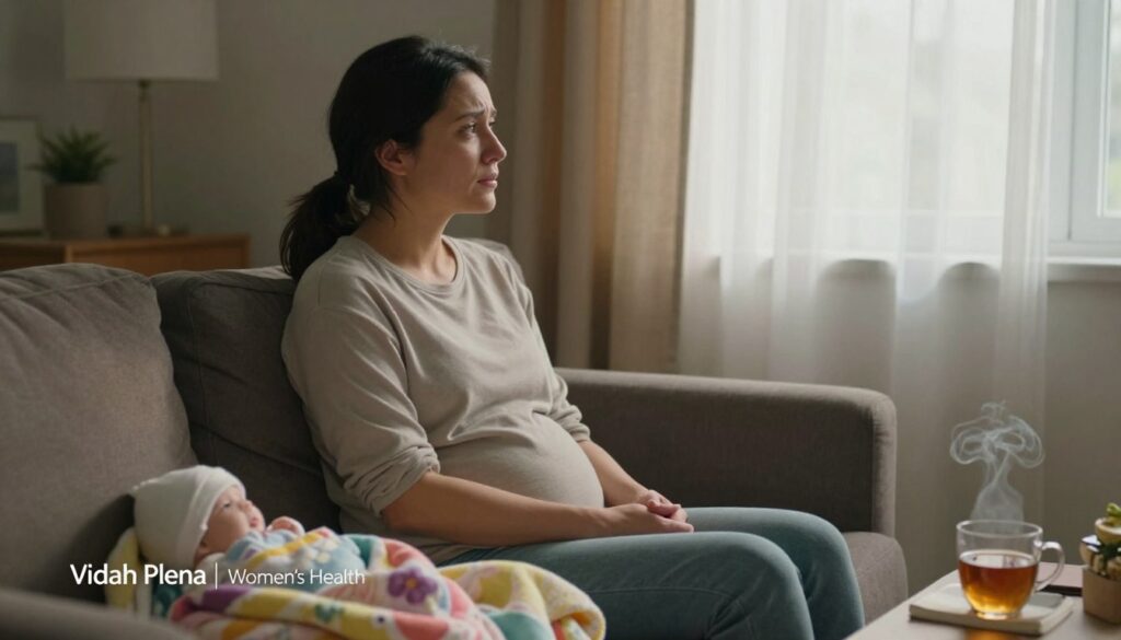 A serene, emotional scene of a woman in her 30s, dressed in modest casual attire, sitting on a cozy couch in a softly lit living room, reflecting a complex mix of joy and concern after childbirth. She gazes thoughtfully out the window, symbolizing the journey of postpartum emotional changes. In the foreground, a small, colorful baby blanket is draped over the arm of the couch, representing new motherhood. The middle features personal items like a journal and a steaming cup of herbal tea, enhancing the intimate atmosphere. The background showcases warm, inviting colors with soft, natural light filtering through sheer curtains. The mood conveys warmth and introspection, highlighting the theme of PMDD and emotional well-being. Include the branding "Vidah Plena | Women's Health" subtly in the corner. A serene, emotional scene of a woman in her 30s, dressed in modest casual attire, sitting on a cozy couch in a softly lit living room, reflecting a complex mix of joy and concern after childbirth. She gazes thoughtfully out the window, symbolizing the journey of postpartum emotional changes. In the foreground, a small, colorful baby blanket is draped over the arm of the couch, representing new motherhood. The middle features personal items like a journal and a steaming cup of herbal tea, enhancing the intimate atmosphere. The background showcases warm, inviting colors with soft, natural light filtering through sheer curtains. The mood conveys warmth and introspection, highlighting the theme of PMDD and emotional well-being. Include the branding "Vidah Plena | Women's Health" subtly in the corner.