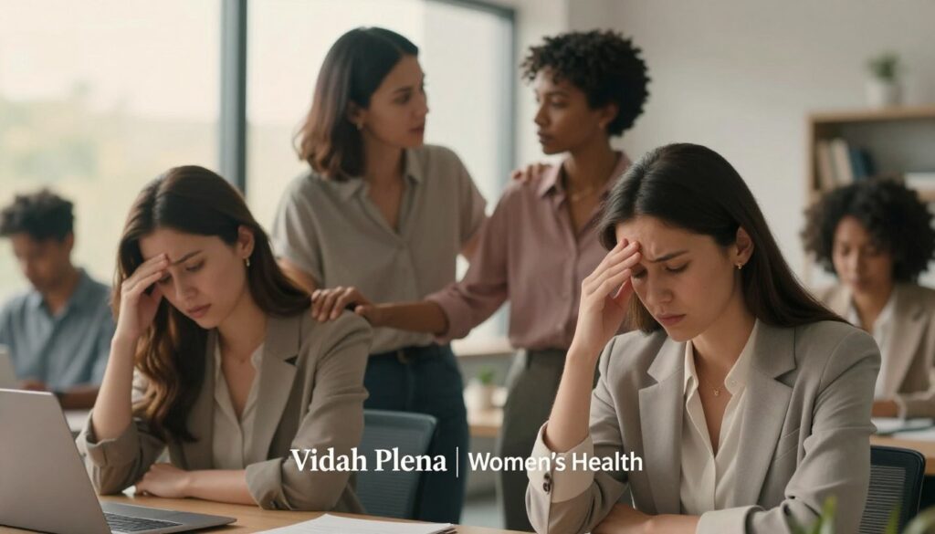 A serene, emotionally charged scene depicting a diverse group of women in a modern, softly lit office setting, each showcasing a range of emotions like confusion, sadness, and reflective thought. In the foreground, a woman in professional attire sits at a desk, her hand on her forehead, indicating stress. The middle ground features two women engaging in a supportive conversation, one comforting the other with a gentle hand on her shoulder. In the background, large windows allow warm, natural light to filter in, creating a calming atmosphere. The overall mood should be one of concern yet supportive, reflecting the complexities of emotional regulation in PMDD. The image conveys a premium quality, editorial style representing "Vidah Plena | Women's Health," focusing on women's experiences and mental health challenges. A serene, emotionally charged scene depicting a diverse group of women in a modern, softly lit office setting, each showcasing a range of emotions like confusion, sadness, and reflective thought. In the foreground, a woman in professional attire sits at a desk, her hand on her forehead, indicating stress. The middle ground features two women engaging in a supportive conversation, one comforting the other with a gentle hand on her shoulder. In the background, large windows allow warm, natural light to filter in, creating a calming atmosphere. The overall mood should be one of concern yet supportive, reflecting the complexities of emotional regulation in PMDD. The image conveys a premium quality, editorial style representing "Vidah Plena | Women's Health," focusing on women's experiences and mental health challenges.