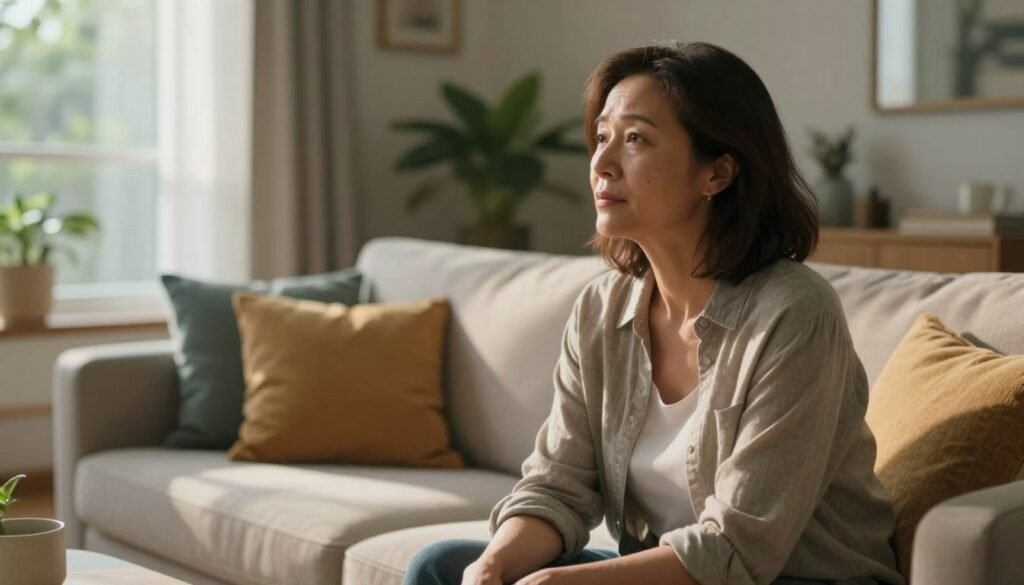 A serene, emotionally evocative scene depicting a woman in her late 40s, sitting in a well-lit, cozy living room. She is dressed in modest casual attire, reflecting a sense of contemplation. In the foreground, the woman gazes thoughtfully out of a large window, sunlight casting gentle shadows on her face, subtly highlighting her emotional depth. In the middle ground, a comfortable couch with soft, colorful cushions represents a welcoming space. The background features a warm, inviting ambiance with plants and soothing decor elements that convey a sense of calm and introspection. The overall atmosphere is reflective and supportive, conveying the complexities of perimenopause mood changes. High quality, realistic, editorial style, intended for Vidah Plena | Women's Health. A serene, emotionally evocative scene depicting a woman in her late 40s, sitting in a well-lit, cozy living room. She is dressed in modest casual attire, reflecting a sense of contemplation. In the foreground, the woman gazes thoughtfully out of a large window, sunlight casting gentle shadows on her face, subtly highlighting her emotional depth. In the middle ground, a comfortable couch with soft, colorful cushions represents a welcoming space. The background features a warm, inviting ambiance with plants and soothing decor elements that convey a sense of calm and introspection. The overall atmosphere is reflective and supportive, conveying the complexities of perimenopause mood changes. High quality, realistic, editorial style, intended for Vidah Plena | Women's Health.