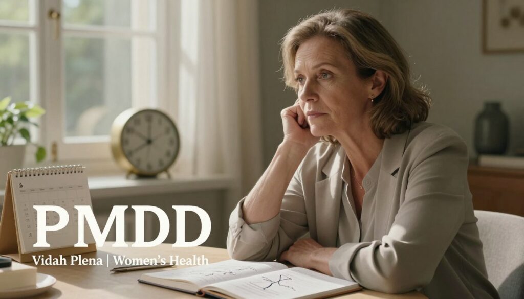 PMDD in Your 40s: What Changes Before Perimenopause? 1 A serene, emotionally evocative scene depicting the concept of PMDD and aging in women in their 40s. In the foreground, a thoughtful woman with an expression of reflection, dressed in modest, professional business attire, sits at a table surrounded by natural light filtering through a window. Her contemplative gaze is directed towards a journal filled with notes and diagrams about PMDD. In the middle ground, subtle representations of aging, such as a clock and a calendar with marked dates, suggest the passage of time. The background features blurred images of a peaceful home environment, symbolizing comfort and personal space. The overall mood is one of introspection and empowerment, with warm, soft lighting and a focus on capturing the nuances of women's health. This is an editorial image for "Vidah Plena | Women's Health," showcasing emotional depth and professionalism in a premium quality finish.