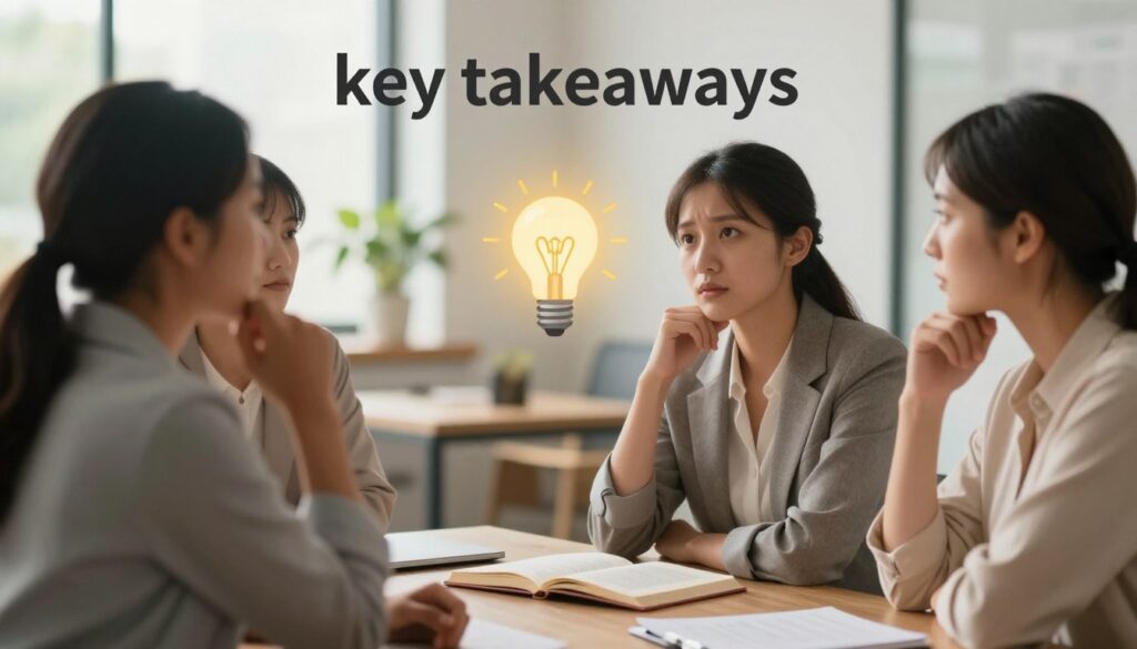 A serene, emotionally resonant image illustrating the concept of "key takeaways" related to PMDD and intrusive thoughts. In the foreground, a diverse group of three women in professional business attire, deeply engaged in a thoughtful discussion. In the middle ground, visual metaphors such as lightbulbs or open books symbolize insights and understanding. The background features a soft-focus, calming office environment with warm, natural lighting streaming through large windows, creating an inviting atmosphere. Use a shallow depth of field to emphasize the foreground figures while gently blurring the background. The overall mood is one of support, clarity, and empowerment. Ensure the image is of premium quality and conveys a sense of professionalism and emotional resonance. Vidah Plena | Women's Health. A serene, emotionally resonant image illustrating the concept of "key takeaways" related to PMDD and intrusive thoughts. In the foreground, a diverse group of three women in professional business attire, deeply engaged in a thoughtful discussion. In the middle ground, visual metaphors such as lightbulbs or open books symbolize insights and understanding. The background features a soft-focus, calming office environment with warm, natural lighting streaming through large windows, creating an inviting atmosphere. Use a shallow depth of field to emphasize the foreground figures while gently blurring the background. The overall mood is one of support, clarity, and empowerment. Ensure the image is of premium quality and conveys a sense of professionalism and emotional resonance. Vidah Plena | Women's Health.