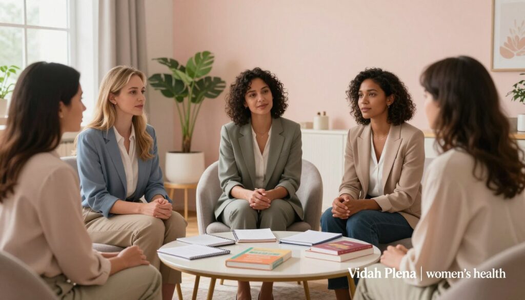 A serene, emotionally supportive scene designed for a medical magazine illustration on PMDD support. In the foreground, a diverse group of three women of different ethnicities, dressed in professional business attire, sit in a cozy, softly lit room, engaged in a warm, empathetic discussion. Their expressions convey understanding and compassion. In the middle, a circular coffee table filled with notepads and wellness books indicates a focus on building a support system. The background features calming pastel walls, houseplants, and soft natural light filtering through a window, creating an inviting atmosphere. The overall mood is one of encouragement and solidarity, reflecting a positive approach to women's health. Style reminiscent of premium medical magazine photography, branded “Vidah Plena | women's health.” A serene, emotionally supportive scene designed for a medical magazine illustration on PMDD support. In the foreground, a diverse group of three women of different ethnicities, dressed in professional business attire, sit in a cozy, softly lit room, engaged in a warm, empathetic discussion. Their expressions convey understanding and compassion. In the middle, a circular coffee table filled with notepads and wellness books indicates a focus on building a support system. The background features calming pastel walls, houseplants, and soft natural light filtering through a window, creating an inviting atmosphere. The overall mood is one of encouragement and solidarity, reflecting a positive approach to women's health. Style reminiscent of premium medical magazine photography, branded “Vidah Plena | women's health.”
