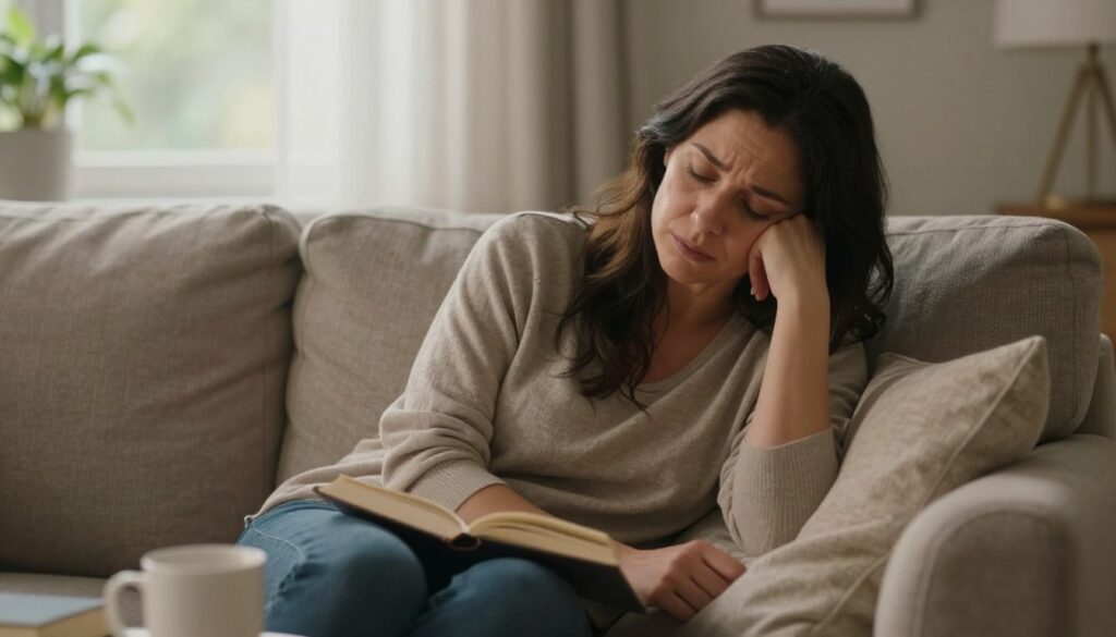 PMDD Fatigue: Why It Happens and How to Regain Energy 2 A serene indoor setting depicting a woman experiencing PMDD fatigue, seated on a cozy sofa. She appears contemplative and tired, surrounded by soft, warm lighting that creates a calm atmosphere. In the foreground, a gentle touch of disarray in the area around her suggests the overwhelming nature of her fatigue, with a few personal items like a book and a mug left unattended. The middle ground showcases the woman in modest casual clothing, her expression reflecting emotional exhaustion, yet hints of resilience. In the background, a window reveals soft natural light filtering in, symbolizing hope and renewal. The image should convey the emotional depth of PMDD fatigue, exuding a professional and premium quality, reflective of the brand Vidah Plena | Women's Health.