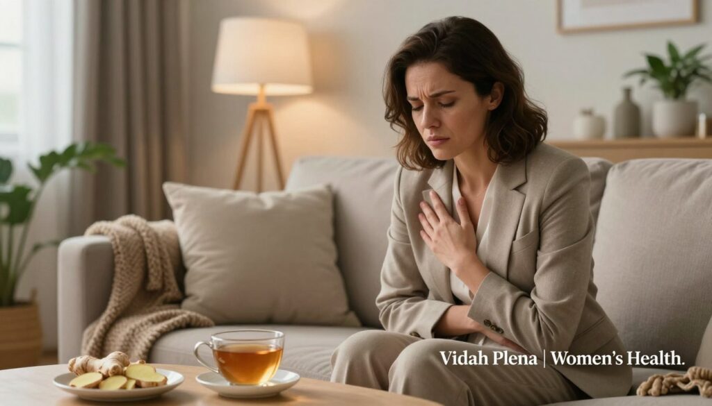 A serene indoor setting showcasing a woman in a professional, modest outfit sitting thoughtfully on a comfortable couch, her expression subtly reflecting the discomfort associated with PMDD nausea. In the foreground, a cup of herbal tea rests on a coffee table, with a plate of fresh ginger slices beside it, symbolizing natural remedies. The middle background includes soft, ambient lighting that creates a calm atmosphere, with houseplants and a warm-colored blanket adding coziness. Through the window, gentle daylight streams in, illuminating the scene. The overall mood captures both the emotional struggles of PMDD and a sense of hope for relief, embodying a premium quality editorial look, branded with "Vidah Plena | Women's Health."