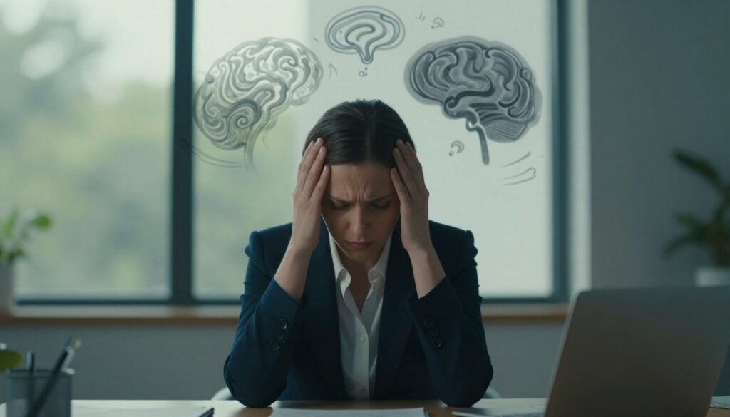 A serene indoor setting with soft, natural lighting filtering through a large window, casting gentle shadows. In the foreground, a woman in professional business attire sits at a table, her hands gently cradling her head as she appears contemplative and slightly distressed, embodying the experience of intrusive thoughts. In the middle ground, an abstract representation of swirling thoughts, illustrated as faint, transparent shapes or shadows surrounding her, symbolizing the chaos of the mind. The background shows calming colors like soft blues and greens, suggesting tranquility amidst turmoil. The overall mood conveys a deep emotional struggle while maintaining a sense of hope. This image should reflect the concept of intrusive thoughts with premium quality and realism, suitable for an editorial context. Vidah Plena | Women's Health. A serene indoor setting with soft, natural lighting filtering through a large window, casting gentle shadows. In the foreground, a woman in professional business attire sits at a table, her hands gently cradling her head as she appears contemplative and slightly distressed, embodying the experience of intrusive thoughts. In the middle ground, an abstract representation of swirling thoughts, illustrated as faint, transparent shapes or shadows surrounding her, symbolizing the chaos of the mind. The background shows calming colors like soft blues and greens, suggesting tranquility amidst turmoil. The overall mood conveys a deep emotional struggle while maintaining a sense of hope. This image should reflect the concept of intrusive thoughts with premium quality and realism, suitable for an editorial context. Vidah Plena | Women's Health.