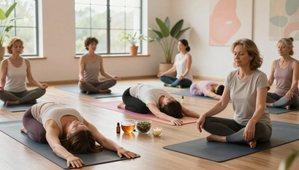 A serene indoor yoga studio bathed in soft, natural light filtering through large windows, creating a warm and inviting atmosphere. In the foreground, a diverse group of middle-aged women, dressed in modest, comfortable yoga attire, are engaged in calming yoga poses such as child's pose and seated forward bend. They are depicted with expressions of tranquility and focus, showcasing a connection to their breath and mindfulness. In the middle ground, a soft, colorful yoga mat laid out with essential oils and a calming herbal tea blend nearby. The background features a peaceful setting with plants, tranquil artwork, and soft pastel colors, enhancing the calming ambiance. Overall, the image conveys a sense of wellness, emotional balance, and empowerment. This visual representation supports the theme of "Mind-Body Therapies and Stress Management." Vidah Plena | Women's Health. A serene indoor yoga studio bathed in soft, natural light filtering through large windows, creating a warm and inviting atmosphere. In the foreground, a diverse group of middle-aged women, dressed in modest, comfortable yoga attire, are engaged in calming yoga poses such as child's pose and seated forward bend. They are depicted with expressions of tranquility and focus, showcasing a connection to their breath and mindfulness. In the middle ground, a soft, colorful yoga mat laid out with essential oils and a calming herbal tea blend nearby. The background features a peaceful setting with plants, tranquil artwork, and soft pastel colors, enhancing the calming ambiance. Overall, the image conveys a sense of wellness, emotional balance, and empowerment. This visual representation supports the theme of "Mind-Body Therapies and Stress Management." Vidah Plena | Women's Health.