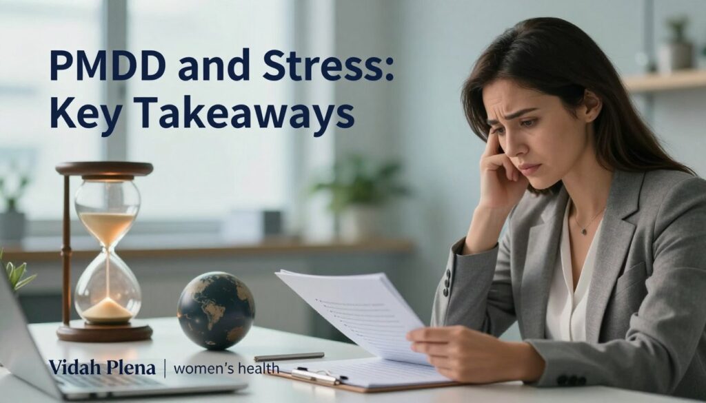 A serene, informative composition depicting "PMDD and Stress: Key Takeaways." In the foreground, a realistic woman in professional business attire sits at an elegant desk, thoughtfully reviewing a notepad filled with bullet points. Her expression reflects contemplation and understanding, symbolizing the serious nature of PMDD and stress. The middle layer features visual metaphors of stress—a softly lit hourglass and a stress ball—artfully arranged beside her, conveying the passage of time and the burden of anxiety. The background is softly blurred, hinting at a tranquil office environment with calming colors, like soft blues and greens, fostering an atmosphere of clarity. Emphasize natural lighting to create warmth and approachability. The image should reflect a premium medical magazine style, branded subtly with "Vidah Plena | women's health" in an elegant font integrated into the design. A serene, informative composition depicting "PMDD and Stress: Key Takeaways." In the foreground, a realistic woman in professional business attire sits at an elegant desk, thoughtfully reviewing a notepad filled with bullet points. Her expression reflects contemplation and understanding, symbolizing the serious nature of PMDD and stress. The middle layer features visual metaphors of stress—a softly lit hourglass and a stress ball—artfully arranged beside her, conveying the passage of time and the burden of anxiety. The background is softly blurred, hinting at a tranquil office environment with calming colors, like soft blues and greens, fostering an atmosphere of clarity. Emphasize natural lighting to create warmth and approachability. The image should reflect a premium medical magazine style, branded subtly with "Vidah Plena | women's health" in an elegant font integrated into the design.