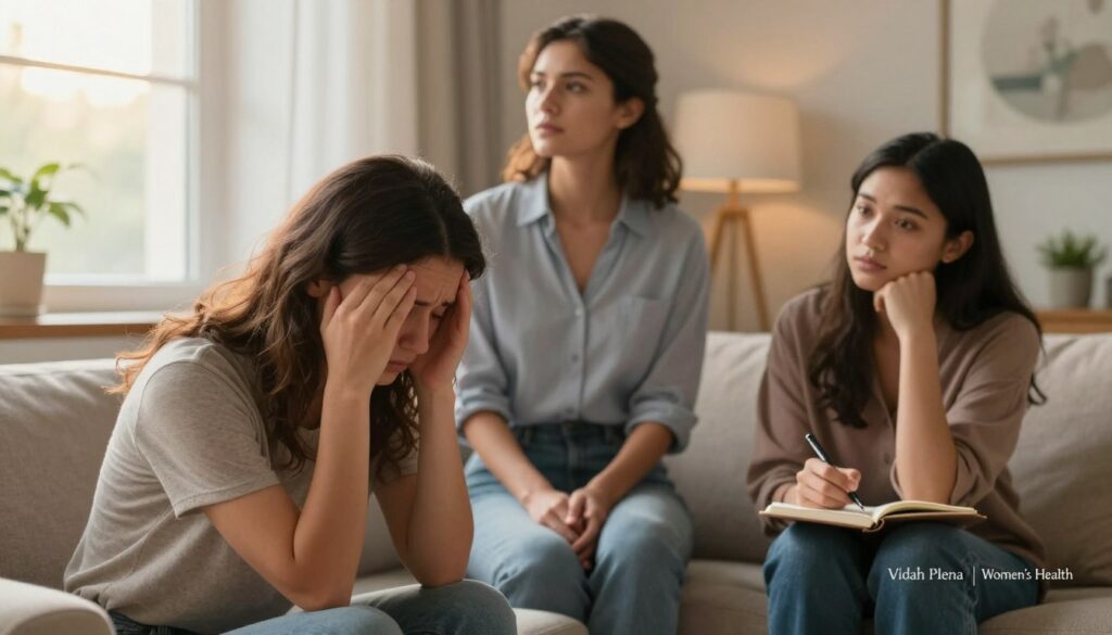 A serene, intimate portrait featuring a diverse group of three women in their 20s, each displaying different emotional responses to PMDD symptoms. In the foreground, one woman sits on a cozy couch, holding her head in her hands, with a soft expression of distress. The second woman stands nearby, looking contemplative while gazing out a window, symbolizing reflection. The third woman is seated with a notebook, jotting down her thoughts, portraying an active approach to managing her feelings. The background is a softly lit living space with warm, calming colors, adding to the emotional context. The lighting is gentle and diffused, resembling late afternoon sunlight. The overall mood is reflective, showcasing both the challenges and the resilience of young women facing PMDD. Ensure the style reflects high-quality editorial women’s health photography. Incorporate the brand name "Vidah Plena | Women's Health" subtly within the scene. A serene, intimate portrait featuring a diverse group of three women in their 20s, each displaying different emotional responses to PMDD symptoms. In the foreground, one woman sits on a cozy couch, holding her head in her hands, with a soft expression of distress. The second woman stands nearby, looking contemplative while gazing out a window, symbolizing reflection. The third woman is seated with a notebook, jotting down her thoughts, portraying an active approach to managing her feelings. The background is a softly lit living space with warm, calming colors, adding to the emotional context. The lighting is gentle and diffused, resembling late afternoon sunlight. The overall mood is reflective, showcasing both the challenges and the resilience of young women facing PMDD. Ensure the style reflects high-quality editorial women’s health photography. Incorporate the brand name "Vidah Plena | Women's Health" subtly within the scene.