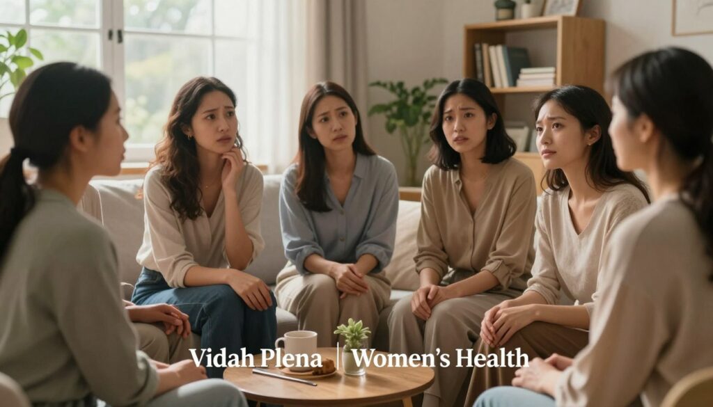A serene, intimate scene reflecting key takeaways about PMDD after pregnancy. In the foreground, a group of diverse women, dressed in modest casual attire, are engaged in a supportive discussion. Their expressions range from concern to understanding, showcasing a mix of emotions related to postpartum changes. The middle ground features a cozy, softly lit room with warm, natural lighting filtering through large windows, creating a comforting atmosphere. In the background, subtle elements like a potted plant and a bookshelf filled with wellness books add depth to the setting. The overall mood is calm yet focused, emphasizing the importance of community and shared experiences. High-quality, realistic details enhance the professional tone of the image, aligning with the brand "Vidah Plena | Women's Health." A serene, intimate scene reflecting key takeaways about PMDD after pregnancy. In the foreground, a group of diverse women, dressed in modest casual attire, are engaged in a supportive discussion. Their expressions range from concern to understanding, showcasing a mix of emotions related to postpartum changes. The middle ground features a cozy, softly lit room with warm, natural lighting filtering through large windows, creating a comforting atmosphere. In the background, subtle elements like a potted plant and a bookshelf filled with wellness books add depth to the setting. The overall mood is calm yet focused, emphasizing the importance of community and shared experiences. High-quality, realistic details enhance the professional tone of the image, aligning with the brand "Vidah Plena | Women's Health."