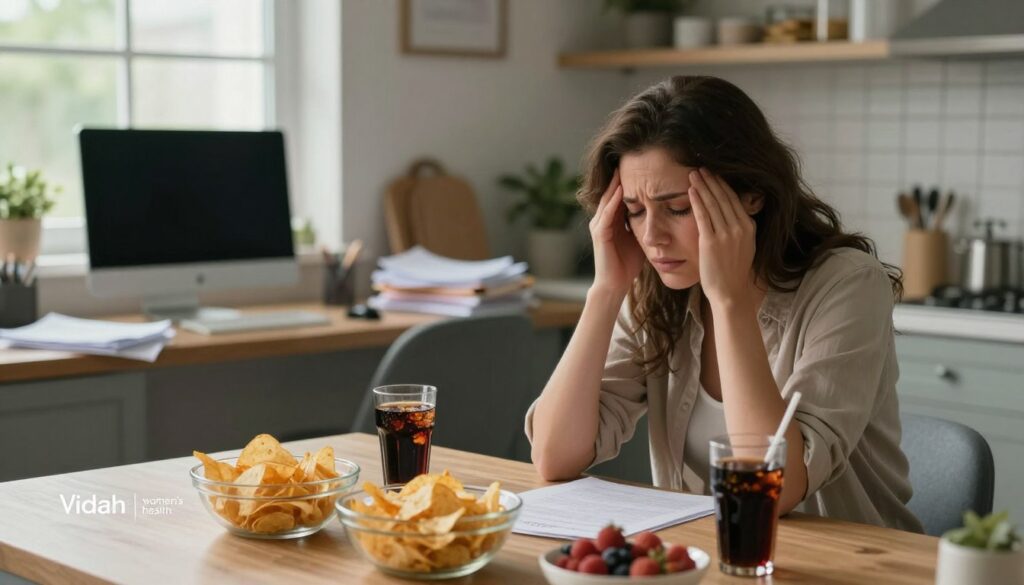 A serene lifestyle scene illustrating common PMDD triggers such as stress, poor diet, and lack of sleep. Foreground: a woman in modest casual attire, sitting at a kitchen table with a distressed expression, surrounded by unhealthy food choices like chips and soda. Middle: a cluttered workspace with scattered papers and a dimly lit computer screen, emphasizing stress and overwhelm. Background: a sunny window with gentle natural light streaming in, casting soft shadows. The atmosphere feels tense yet reflective, with a sense of urgency in addressing self-care. Editorial-style photography, realistic portrayal, vibrant colors. Brand name "Vidah Plena | women's health" subtly integrated into the scene, enhancing professionalism in a premium medical magazine style.