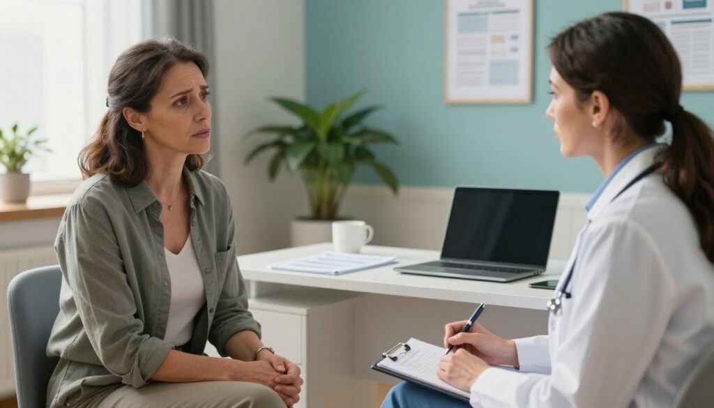 A serene medical consultation scene in a well-lit, modern doctor's office. In the foreground, a middle-aged woman in modest casual clothing, looking concerned yet hopeful, is speaking with her healthcare provider, a professional woman in business attire, who is attentively listening and taking notes. The middle ground showcases a desk with medical charts and a laptop, emphasizing a professional atmosphere. The background features calming colors on the walls and a potted plant, contributing to a warm, inviting mood. Soft natural light filters through a window, enhancing the sense of trust and care. The scene reflects the importance of seeking medical help, in the style of premium women's health editorial photography. Vidah Plena | women's health.