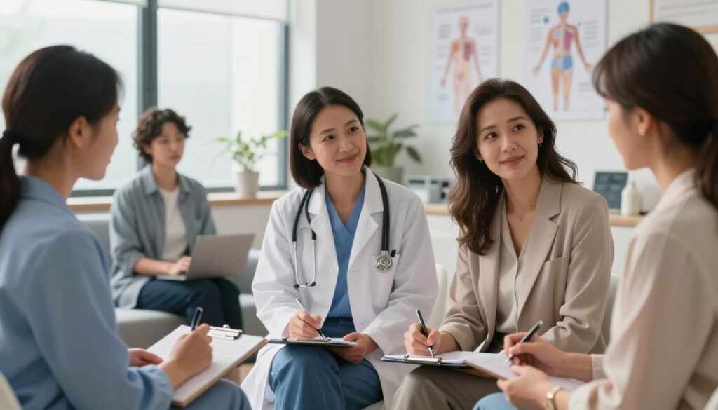 A serene medical consultation scene showcasing a diverse group of women in professional attire discussing hormonal treatments for PMDD. In the foreground, a focused woman with a notepad and pen, jotting down notes and looking engaged. In the middle, a healthcare provider in a white lab coat, explaining treatment options with a gentle smile. In the background, a softly lit, modern clinic office with calming colors and medical diagrams on the walls. Natural light streams in from a large window, creating an inviting atmosphere that conveys hope and understanding. The overall mood is supportive and informative, aligned with the theme of women's health and empowerment. Editorial women’s health photography, premium medical magazine style. Vidah Plena | women’s health.