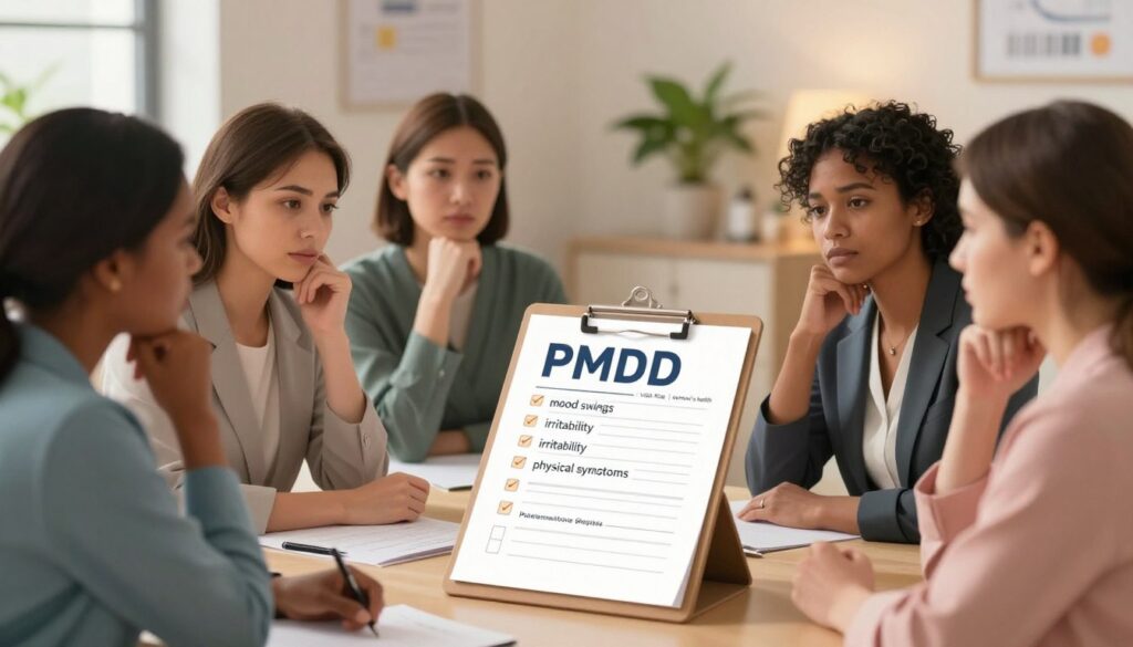 A serene medical illustration representing the definition of PMDD (Premenstrual Dysphoric Disorder). In the foreground, a diverse group of women in professional business attire engage in a supportive discussion, their expressions ranging from contemplation to empathy. The middle ground features a clipboard and a checklist with visible items like "mood swings," "irritability," and "physical symptoms," emphasizing the diagnostic aspect. In the background, a softly lit office environment with calming colors, potted plants, and a warm window glow fosters an inviting atmosphere. The composition is captured with a slight depth of field, focusing on the women and the checklist while blurring the background slightly. This editorial-style image aligns with the theme of women's health for "Vidah Plena | women's health."