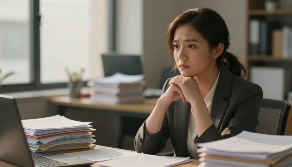 High-Functioning ADHD in Women: Success, Struggles, and Hidden Symptoms 5 A serene office environment showcasing a professional woman in her 30s, sitting at a desk surrounded by notes and planners, looking contemplative. The foreground features her thoughtful expression, dressed in smart casual attire, radiating a sense of complexity beneath her composed facade. In the middle, scattered papers symbolize the overwhelming mental load she carries, hinting at hidden struggles. The background is softly blurred, depicting a window with gentle daylight filtering through, casting warm, illuminating shadows. The mood is reflective and introspective, capturing the essence of high-functioning ADHD symptoms in women, emphasizing both resilience and the need for self-care. The image should be realistic and emotionally engaging, with premium quality lighting that enhances the atmosphere.