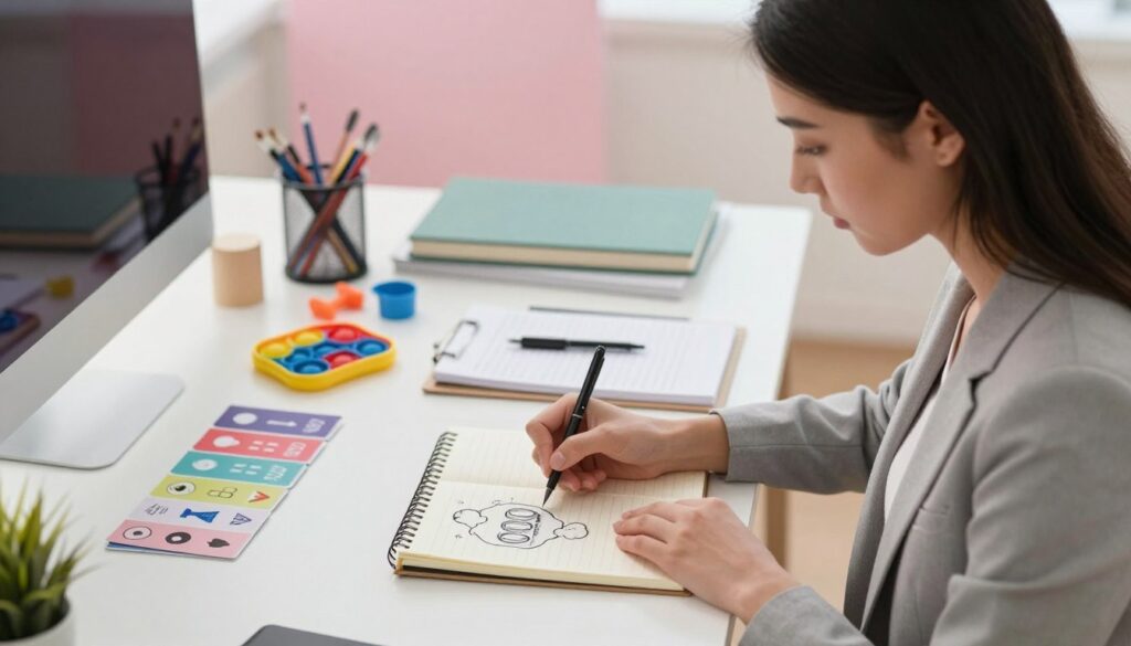 A serene office setting, featuring a young woman dressed in professional attire, sitting at a desk cluttered with therapeutic tools and notes. In the foreground, her hands are poised over a notebook, sketching out thoughts, symbolizing the internal struggle of OCD. The middle ground showcases the desk filled with a mix of neatly arranged items like fidget toys, planners, and mindfulness cards, embodying the daily management of obsessive thoughts. The background subtly fades into calming pastel colors, representing tranquility amidst chaos, with soft lighting that bathes the scene to evoke a sense of hope. The overall mood should convey a blend of seriousness and optimism, reflecting the complexities of OCD. Editorial women's health photography style, premium medical magazine aesthetic. Vidah Plena | women's health. A serene office setting, featuring a young woman dressed in professional attire, sitting at a desk cluttered with therapeutic tools and notes. In the foreground, her hands are poised over a notebook, sketching out thoughts, symbolizing the internal struggle of OCD. The middle ground showcases the desk filled with a mix of neatly arranged items like fidget toys, planners, and mindfulness cards, embodying the daily management of obsessive thoughts. The background subtly fades into calming pastel colors, representing tranquility amidst chaos, with soft lighting that bathes the scene to evoke a sense of hope. The overall mood should convey a blend of seriousness and optimism, reflecting the complexities of OCD. Editorial women's health photography style, premium medical magazine aesthetic. Vidah Plena | women's health.