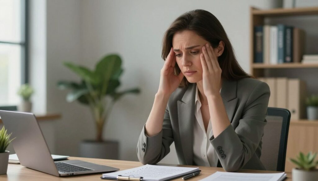 A serene office space with a professional woman sitting at a desk, looking thoughtful and slightly frustrated, reflecting the effects of PMDD brain fog. The foreground features a notepad filled with bullet points on key takeaways related to PMDD, with a pen resting beside it. In the middle, the woman wears stylish yet modest professional attire, and her expression conveys a mix of concern and determination. The background shows soft, diffused lighting from a nearby window, creating a calming atmosphere. Soft plants and a bookshelf with health-related books add depth to the scene. The overall mood is focused and introspective, highlighting the importance of understanding PMDD brain fog. The image style is premium editorial women’s health photography, fitting for the brand Vidah Plena | women's health. A serene office space with a professional woman sitting at a desk, looking thoughtful and slightly frustrated, reflecting the effects of PMDD brain fog. The foreground features a notepad filled with bullet points on key takeaways related to PMDD, with a pen resting beside it. In the middle, the woman wears stylish yet modest professional attire, and her expression conveys a mix of concern and determination. The background shows soft, diffused lighting from a nearby window, creating a calming atmosphere. Soft plants and a bookshelf with health-related books add depth to the scene. The overall mood is focused and introspective, highlighting the importance of understanding PMDD brain fog. The image style is premium editorial women’s health photography, fitting for the brand Vidah Plena | women's health.