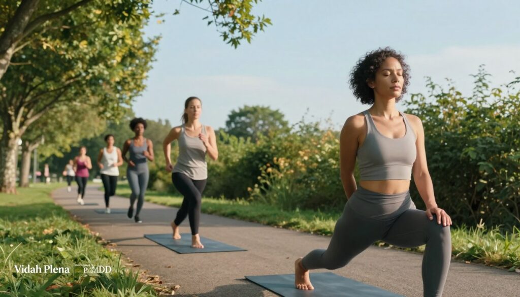 A serene outdoor scene depicting a diverse group of women engaging in various forms of exercise for managing PMDD. In the foreground, a woman in modest athletic wear practices yoga, radiating calmness and focus. In the middle ground, another woman jogs along a picturesque path surrounded by lush greenery, embodying vitality and energy. The background features a clear blue sky with soft, natural lighting, enhancing the peaceful atmosphere. Gentle sunlight filters through the trees, casting soft shadows on the ground. The image conveys a sense of empowerment and well-being, perfectly suited for a women's health magazine like "Vidah Plena | women's health," emphasizing the importance of exercise in self-care routines. A serene outdoor scene depicting a diverse group of women engaging in various forms of exercise for managing PMDD. In the foreground, a woman in modest athletic wear practices yoga, radiating calmness and focus. In the middle ground, another woman jogs along a picturesque path surrounded by lush greenery, embodying vitality and energy. The background features a clear blue sky with soft, natural lighting, enhancing the peaceful atmosphere. Gentle sunlight filters through the trees, casting soft shadows on the ground. The image conveys a sense of empowerment and well-being, perfectly suited for a women's health magazine like "Vidah Plena | women's health," emphasizing the importance of exercise in self-care routines.