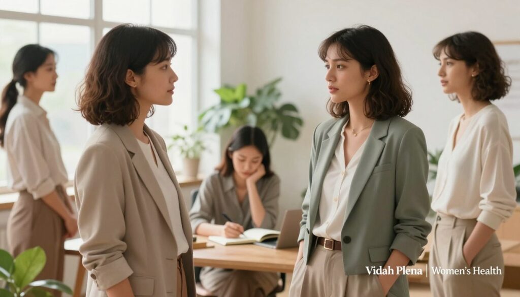 A serene, professional illustration depicting a diverse group of young women in their 20s, standing together in a bright, airy office space. The foreground features two women engaging in a supportive conversation, dressed in stylish yet modest business attire, conveying a sense of camaraderie and understanding. In the middle ground, a woman sits at a desk, journaling her thoughts and experiences, expressing introspection and emotion. The background shows soft, natural lighting streaming through large windows, with green plants adding a touch of tranquility. The atmosphere is both professional and warm, reflecting the complexity of reproductive maturation and its impact on mental health. The image is branded subtly with "Vidah Plena | Women's Health" integrated into the design, ensuring a cohesive and premium look. A serene, professional illustration depicting a diverse group of young women in their 20s, standing together in a bright, airy office space. The foreground features two women engaging in a supportive conversation, dressed in stylish yet modest business attire, conveying a sense of camaraderie and understanding. In the middle ground, a woman sits at a desk, journaling her thoughts and experiences, expressing introspection and emotion. The background shows soft, natural lighting streaming through large windows, with green plants adding a touch of tranquility. The atmosphere is both professional and warm, reflecting the complexity of reproductive maturation and its impact on mental health. The image is branded subtly with "Vidah Plena | Women's Health" integrated into the design, ensuring a cohesive and premium look.