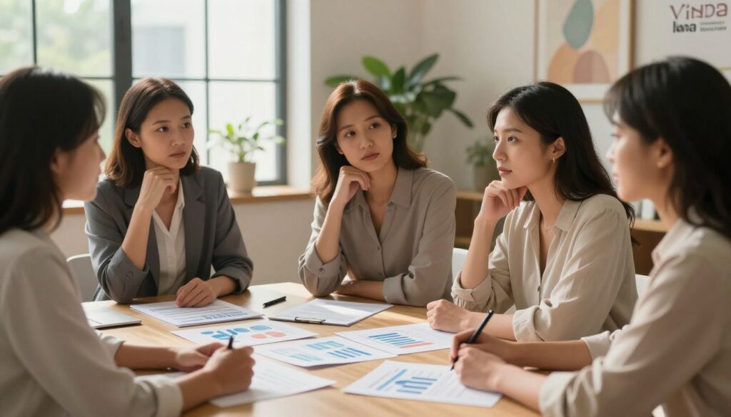 A serene, professional image symbolizing key takeaways on PMDD triggers. Foreground features a diverse group of women in professional business attire, thoughtfully discussing and sharing insights around a table filled with charts and notes. Middle ground displays a softly lit environment with natural light shining through large windows, creating a warm ambiance. In the background, there are soft-focus elements such as plants and calming artwork that hint at a wellness atmosphere. Emphasize realism and editorial quality, suitable for a premium medical magazine style. Aim for a reassuring and informative mood, capturing the essence of women's health. Include branding subtly integrated into the scene: "Vidah Plena | women's health".