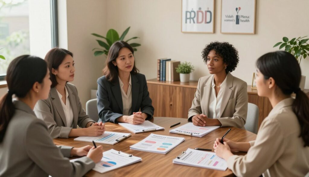 A serene, professional setting illustrating the concept of PMDD diagnosis. In the foreground, a diverse group of women of various ethnic backgrounds, dressed in smart, modest business attire, are engaged in a thoughtful discussion, surrounded by charts and health pamphlets related to PMDD. The middle ground features a well-lit consultation room with a glossy wooden table, plants, and soft beige walls, enhancing the atmosphere of warmth and understanding. The background includes medical books and a large window allowing natural light to stream in, symbolizing hope and clarity in women's health. Soft, diffused lighting creates an inviting mood, reflecting a sense of community and support. This image aligns with a premium medical magazine aesthetic, designed for "Vidah Plena | women's health".