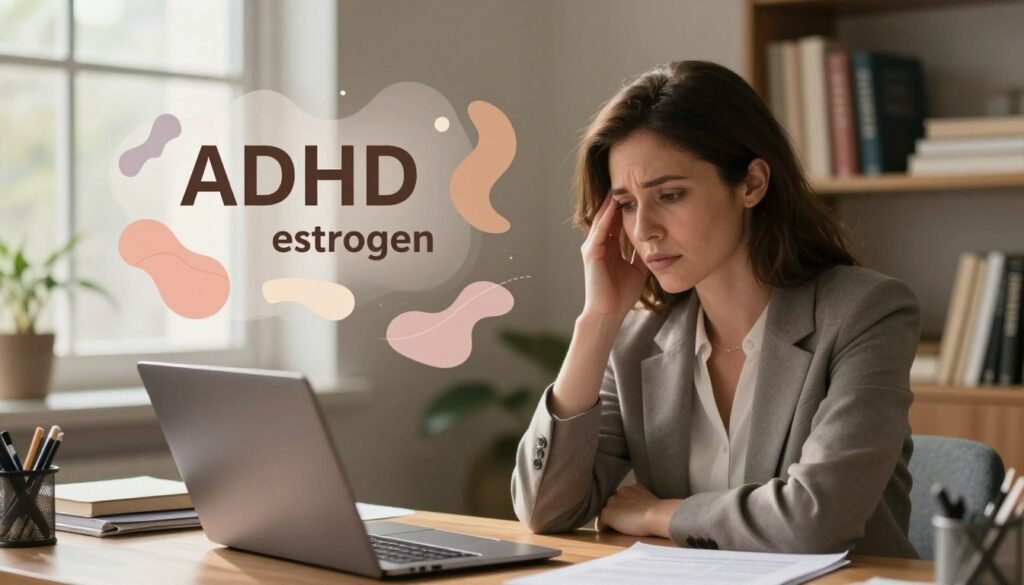 A serene, professional setting illustrating the intersection of ADHD and hormonal symptoms in women. In the foreground, a focused woman in modest business attire is seated at a desk cluttered with notes and a laptop, her expression a mix of concentration and fatigue. Her surroundings feature soft natural lighting filtering through a window, casting a warm, calming glow. In the middle, a subtle collage of abstract representations of hormones, depicted with gentle, flowing shapes in muted colors, floats beside her, symbolizing the connection between ADHD and estrogen. In the background, a shelf filled with books on women’s health and psychology suggests a supportive environment. The atmosphere is introspective and informative, conveying the complexity of managing ADHD alongside hormonal changes, ideal for an editorial women’s health article.