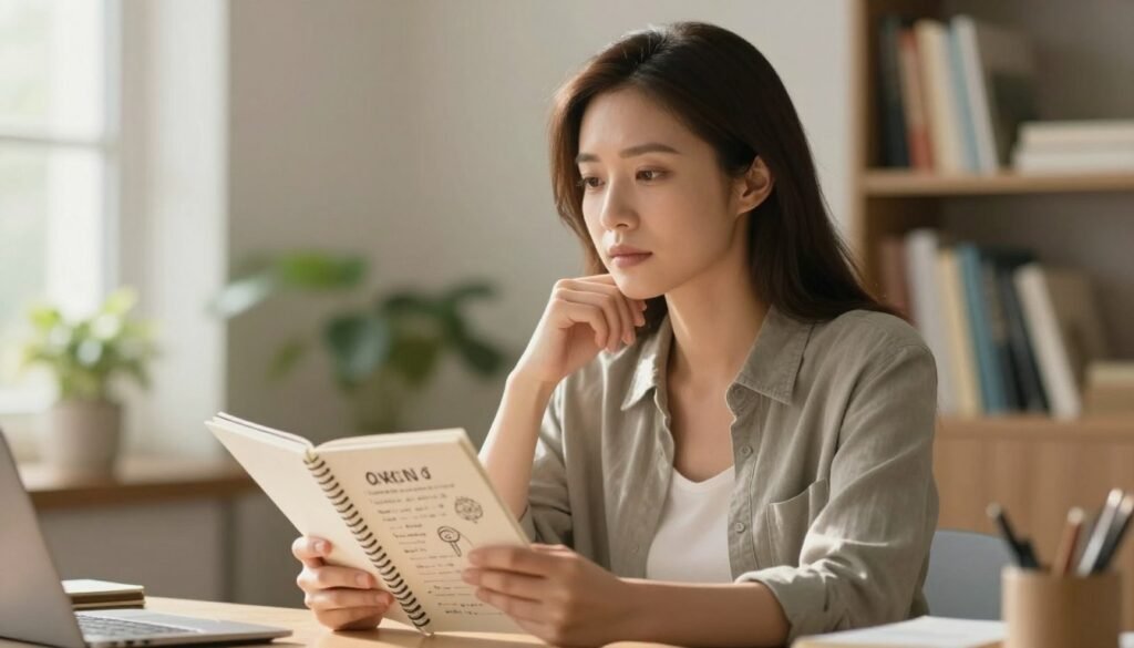 Undiagnosed ADHD in Women: 15 Signs You Shouldn't Ignore 3 A serene, professional woman in her 30s sits at a desk, surrounded by a soft, warm light that illuminates her thoughtful expression. She wears modest casual clothing, reflecting a sense of calm and focus while holding a journal filled with notes and doodles, symbolizing the multifaceted nature of ADHD symptoms in women. In the background, subtle hints of nature with gentle greenery suggest a connection to hormonal health and well-being. The atmosphere conveys introspection and resilience, with bokeh effects creating a dreamy quality that highlights the emotional journey. A slightly blurred bookshelf filled with health-related books is visible, grounding the scene in scholarly exploration. The image encapsulates the intersection of ADHD and hormonal health, emphasizing a supportive and nurturing environment.
