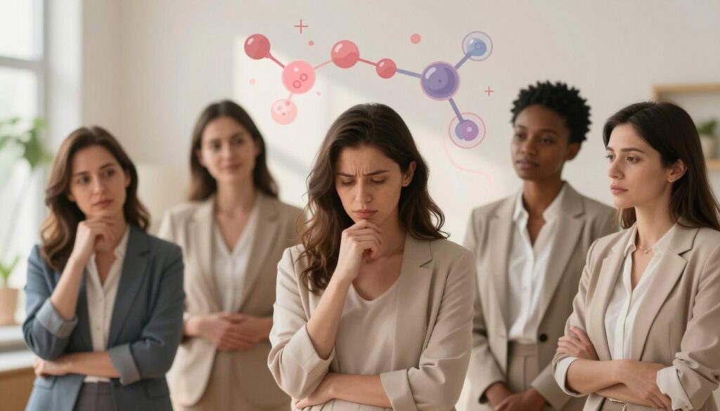 PMDD After Pregnancy: Understanding Postpartum Changes 1 A serene scene depicting hormonal changes after pregnancy. In the foreground, a thoughtfully composed illustration of a diverse group of women in professional business attire, each displaying varied emotions—joy, contemplation, and support—highlighting the emotional aspect of postpartum hormonal shifts. In the middle ground, soft, flowing illustrations of hormonal molecules and structures, subtly intertwining to represent the complex biochemical changes occurring in their bodies. The background features a warm, inviting setting with soft, natural light filtering through, creating an uplifting atmosphere. The overall mood should evoke feelings of support, empowerment, and understanding in the context of women's health. This image is for Vidah Plena | Women's Health, showcasing a premium quality, realistic visual representation of the subject.