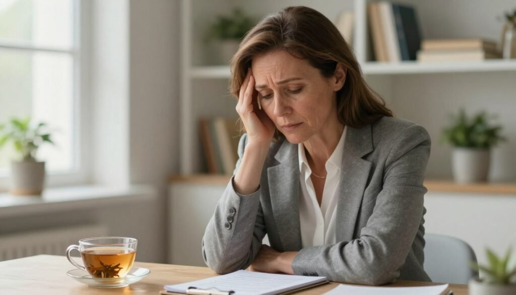 A serene, slightly blurred indoor setting focusing on a middle-aged woman sitting at a table, dressed in professional business attire, with a contemplative expression representing emotional distress. In the foreground, a cup of herbal tea and a notepad with symptoms listed elegantly emphasize introspection. The middle layer features the woman, her posture suggesting vulnerability yet strength, with soft, natural light streaming through a window, creating a warm and inviting atmosphere. In the background, shelves with health books and a potted plant add depth and a sense of wellness. The overall mood is one of reflection and awareness, capturing the essence of identifying perimenopause depression symptoms. Evoke a premium quality image that embodies women's health themes. Vidah Plena | Women's Health. A serene, slightly blurred indoor setting focusing on a middle-aged woman sitting at a table, dressed in professional business attire, with a contemplative expression representing emotional distress. In the foreground, a cup of herbal tea and a notepad with symptoms listed elegantly emphasize introspection. The middle layer features the woman, her posture suggesting vulnerability yet strength, with soft, natural light streaming through a window, creating a warm and inviting atmosphere. In the background, shelves with health books and a potted plant add depth and a sense of wellness. The overall mood is one of reflection and awareness, capturing the essence of identifying perimenopause depression symptoms. Evoke a premium quality image that embodies women's health themes. Vidah Plena | Women's Health.