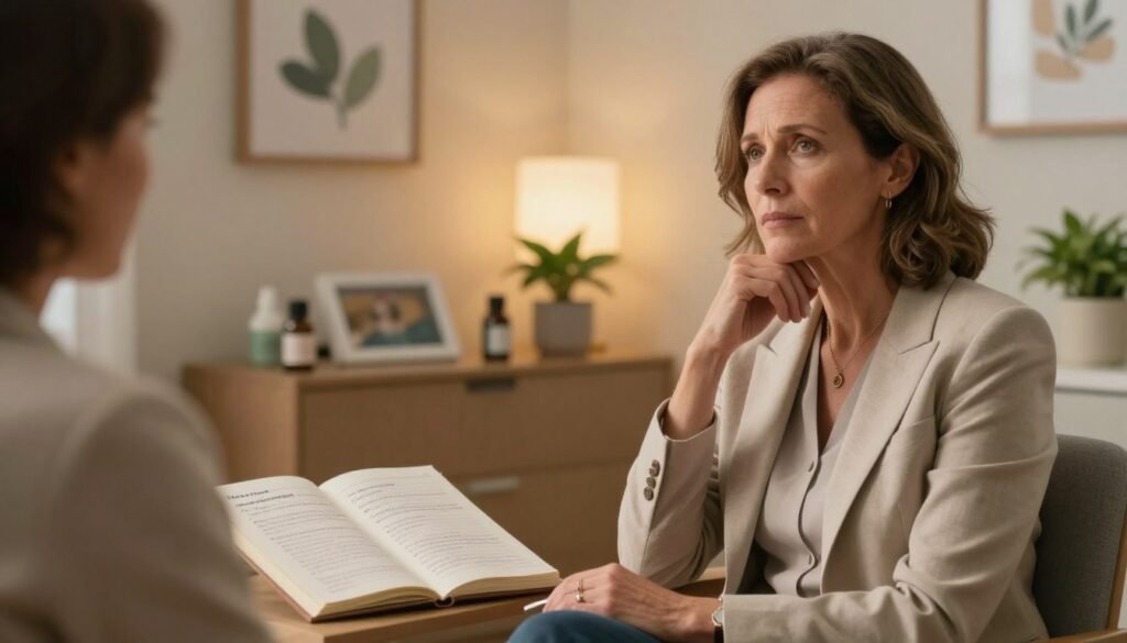 Perimenopause vs ADHD: Why Symptoms Can Look Similar 4 A serene, softly lit medical office setting as the foreground, featuring a middle-aged woman in professional business attire, sitting comfortably and looking contemplative, embodying the complexities of ADHD and perimenopause. In the middle ground, include an open notebook with notes on treatment strategies and management options, symbolizing exploration and self-discovery. In the background, a calming wall with health-related decor and plants to evoke a sense of wellness and support. The lighting should be warm and inviting, creating an atmosphere of understanding and compassion. Focus on emotional depth, capturing both vulnerability and strength. The image should reflect premium quality and artistry, suitable for the "Vidah Plena | Women's Health" brand while remaining professional and relatable.