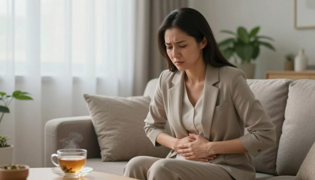 A serene, softly lit room where a woman sits on a couch, appearing contemplative and slightly uncomfortable, embodying the experience of PMDD-related nausea. She is wearing modest, professional attire, hands gently cradling her abdomen, with a look of mild distress on her face. In the foreground, a calming herbal tea sits on a table next to her, symbolizing relief and comfort. The middle layer features gentle natural light filtering through sheer curtains, enhancing the mood of introspection. In the background, a plant adds a touch of nature, reflecting a safe and nurturing environment. The overall atmosphere conveys a blend of struggle and resilience, ideal for a women's health editorial, with a focus on emotional depth and realism. Vidah Plena | Women's Health.