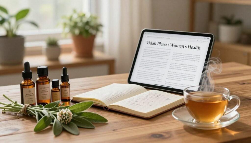 Natural Remedies for Perimenopause: What the Research Shows 1 A serene, softly lit workspace featuring a collection of natural remedies for perimenopause. In the foreground, a wooden table displays herbal tinctures, fresh herbs like sage and clover, and essential oils in elegant glass bottles. A calming cup of herbal tea steams gently beside them. In the middle ground, an open notebook with handwritten notes and a tablet displaying research articles on women's health rests next to the remedies. The background showcases a warm, inviting home setting with potted plants and natural light filtering through sheer curtains, creating an intimate atmosphere. The overall mood is peaceful and informative, evoking a sense of holistic health and balance. The imagery represents "Vidah Plena | Women's Health," emphasizing emotional well-being through natural solutions.