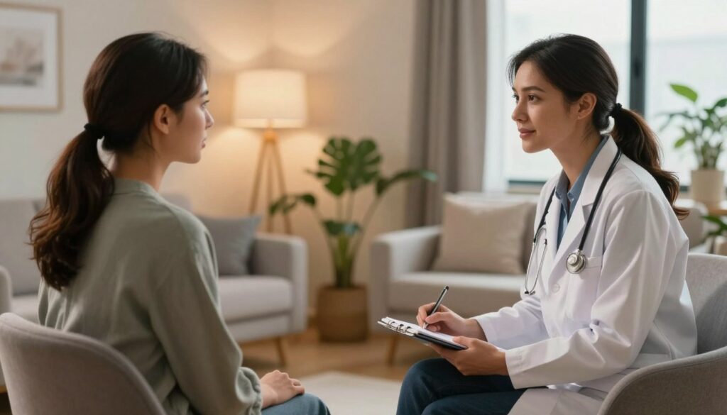 A serene therapy session scene focused on Cognitive Behavioral Therapy (CBT) for women experiencing PMDD. In the foreground, a diverse female therapist in professional attire is engaged in a supportive conversation with a client, who is casually dressed but modest. The therapist is seated in a comfortable chair, holding a notebook, with a gentle, encouraging expression. In the middle ground, a cozy therapy room features soft, ambient lighting, with calming colors on the walls, and plants providing a touch of nature. A large window in the background allows natural light to filter in, enhancing the peaceful atmosphere. The image captures an emotional yet hopeful mood, conveying the empowering essence of therapy. Editorial women's health photography, realistic women, premium medical magazine style. Vidah Plena | women's health.