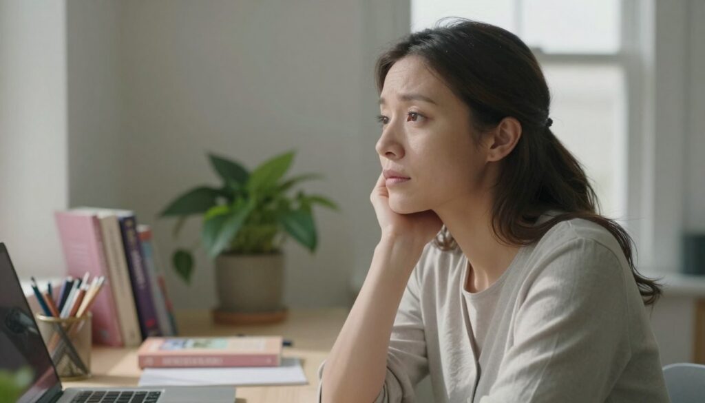 A serene, thoughtful woman in her 30s, sitting at a cozy home office desk, gazes out the window. She appears contemplative, reflecting the emotional challenges of PMDD depression. Soft, natural light streams in, casting gentle shadows that create a soothing atmosphere. In the background, a few plants and health books on women's wellness add relevant context. The color palette is calming, featuring muted pastel tones. A close-up shot to capture her nuanced expression, with a focus on her eyes that convey a mix of introspection and resilience. The image should embody warmth and empathy, suitable for a premium medical magazine style. Capture the essence of PMDD in a visually engaging manner for Vidah Plena | women's health. A serene, thoughtful woman in her 30s, sitting at a cozy home office desk, gazes out the window. She appears contemplative, reflecting the emotional challenges of PMDD depression. Soft, natural light streams in, casting gentle shadows that create a soothing atmosphere. In the background, a few plants and health books on women's wellness add relevant context. The color palette is calming, featuring muted pastel tones. A close-up shot to capture her nuanced expression, with a focus on her eyes that convey a mix of introspection and resilience. The image should embody warmth and empathy, suitable for a premium medical magazine style. Capture the essence of PMDD in a visually engaging manner for Vidah Plena | women's health.