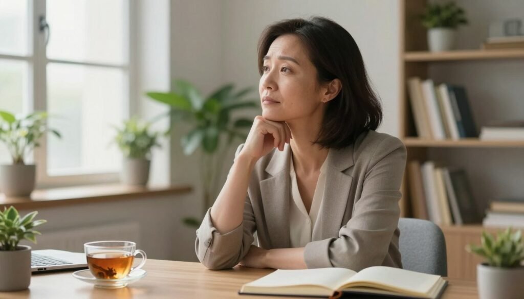 Perimenopause Anxiety: Why It Happens and What Can Help 3 A serene, thoughtful woman in her late 40s sits at a desk in a softly lit, modern office space, dressed in a professional outfit. Her features convey a mix of contemplation and relief as she looks toward a window with natural light streaming in. In the background, there are potted plants and bookshelves, symbolizing knowledge and growth. The foreground includes a soothing cup of herbal tea and a journal with an open page, hinting at self-reflection. The colors are warm and inviting, creating an atmosphere of calm and introspection. The scene captures the essence of mental health during perimenopause, emphasizing emotional well-being and clarity. Editorial women’s health style, high-resolution, natural lighting, focus on the subject’s expression. Vidah Plena | Women's Health.