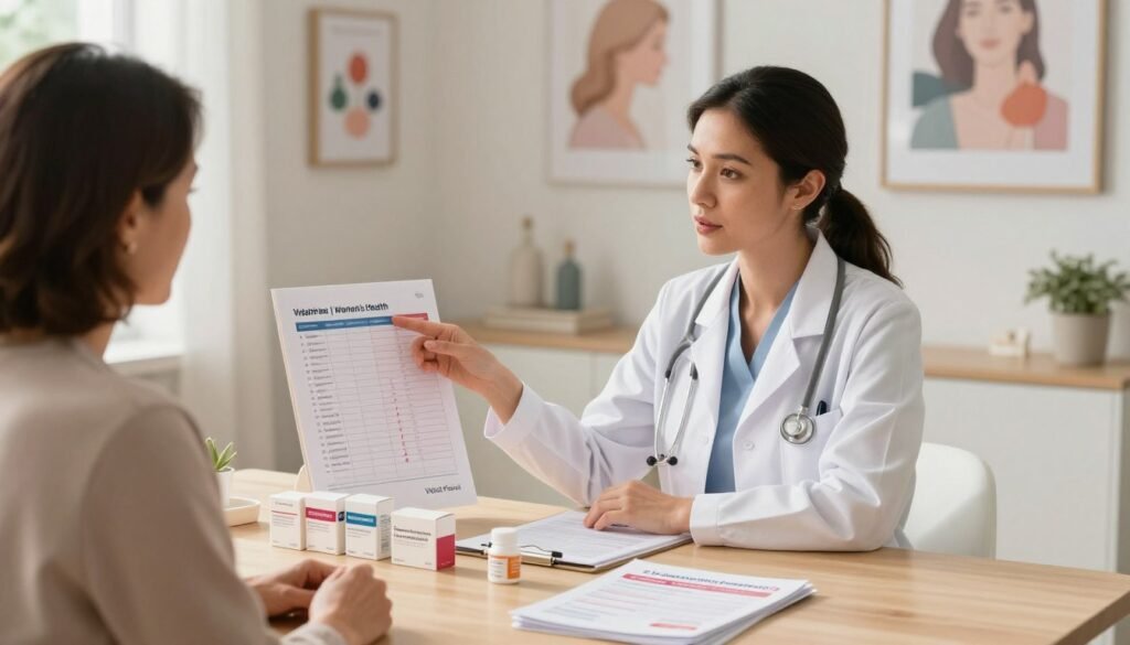 Perimenopause vs Thyroid Problems: How to Recognize the Difference 3 A serene, well-lit healthcare setting showcasing a professional female doctor in smart business attire, discussing hormone replacement therapy options with a middle-aged woman. The foreground features a table with labeled medication boxes and informational pamphlets about perimenopause treatment. In the middle ground, the doctor is gesturing towards a chart displaying hormone levels, exuding a sense of care and expertise. The background includes tasteful wall art related to women’s health, with soft, natural light flooding the room, creating a warm and inviting atmosphere. The overall mood is supportive and informative, emphasizing empowerment and understanding in women's health. The brand name “Vidah Plena | Women's Health” is subtly integrated in the background decor.