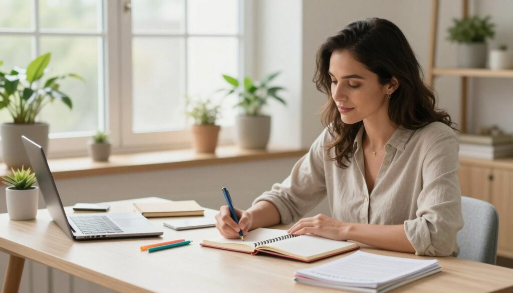 A serene workspace scene highlighting lifestyle strategies for managing PMDD and ADHD. In the foreground, a confident woman in modest casual clothing sits at a stylish desk, journaling and organizing her day with planners and colorful stationery. The middle ground features potted plants and calming decor, creating a sense of organization and tranquility. In the background, a soft-lit window offers natural light, illuminating the room’s neutral color palette. The overall mood is empowering and peaceful, reflecting a healthy balance between productivity and self-care. The scene should convey the essence of women's health and wellness, suitable for a premium medical magazine. Include the brand name “Vidah Plena | women's health” subtly integrated into the scene, enhancing its professional appeal. A serene workspace scene highlighting lifestyle strategies for managing PMDD and ADHD. In the foreground, a confident woman in modest casual clothing sits at a stylish desk, journaling and organizing her day with planners and colorful stationery. The middle ground features potted plants and calming decor, creating a sense of organization and tranquility. In the background, a soft-lit window offers natural light, illuminating the room’s neutral color palette. The overall mood is empowering and peaceful, reflecting a healthy balance between productivity and self-care. The scene should convey the essence of women's health and wellness, suitable for a premium medical magazine. Include the brand name “Vidah Plena | women's health” subtly integrated into the scene, enhancing its professional appeal.